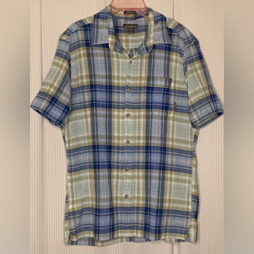 Eddie Bauer Classic Fit Mens Crepe Cotton Plaid Short Sleeve Dress Shirt Large